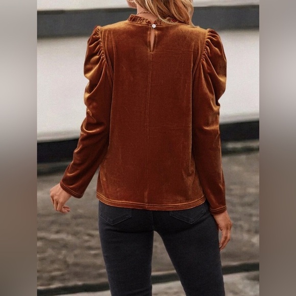 Shein Clasi Frill Trim Puff Sleeve Velvet Blouse Rust Brown Burnt Orange - Picture 2 of 10
